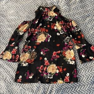 Floral Mini Dress with Cold Shoulder, Tie Back Neck, and Back Crochet Detail